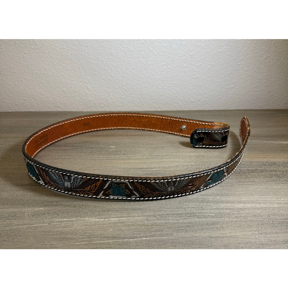 Vintage Tooled Cowhide Leather Belt Eagle/Floral Teal 26 Waist - Picture 11 of 12